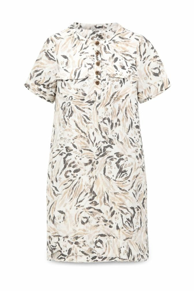 Front view of Marks & Spencer women’s beige geometric linen shift, size UK 8, round neck button