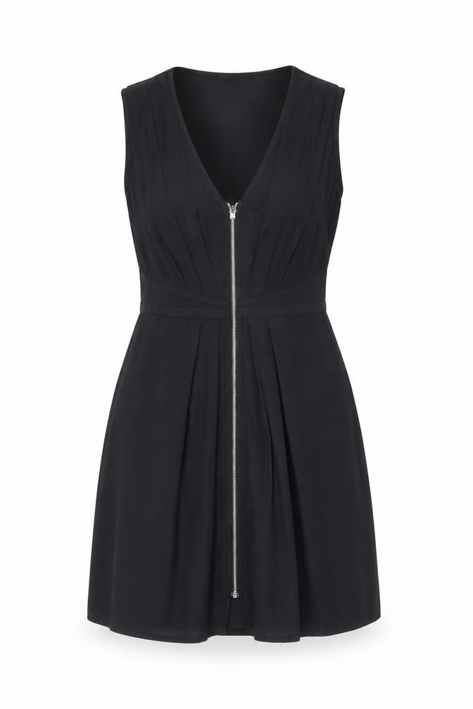 Front view of H&M women’s black polyester fit & flare, size UK 6, scoop neck zip