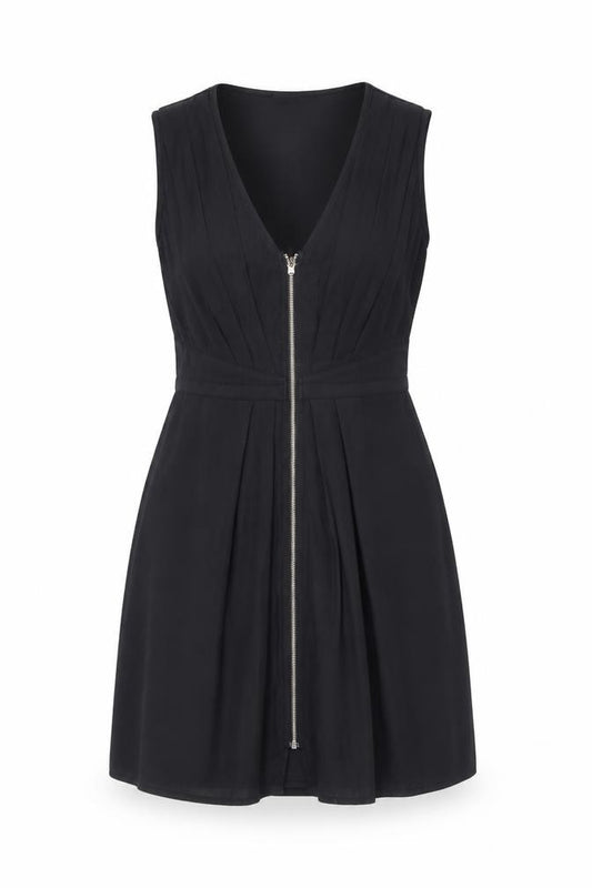 Front view of H&M women’s black polyester fit & flare, size UK 6, scoop neck zip
