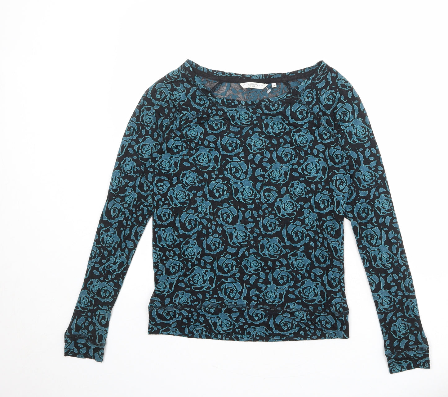 New Look Womens Black Floral Polyester Basic T-Shirt Size 8 Boat Neck