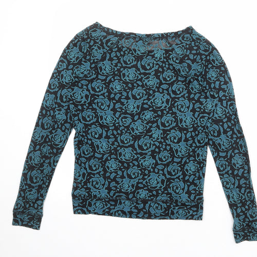 New Look Womens Black Floral Polyester Basic T-Shirt Size 8 Boat Neck