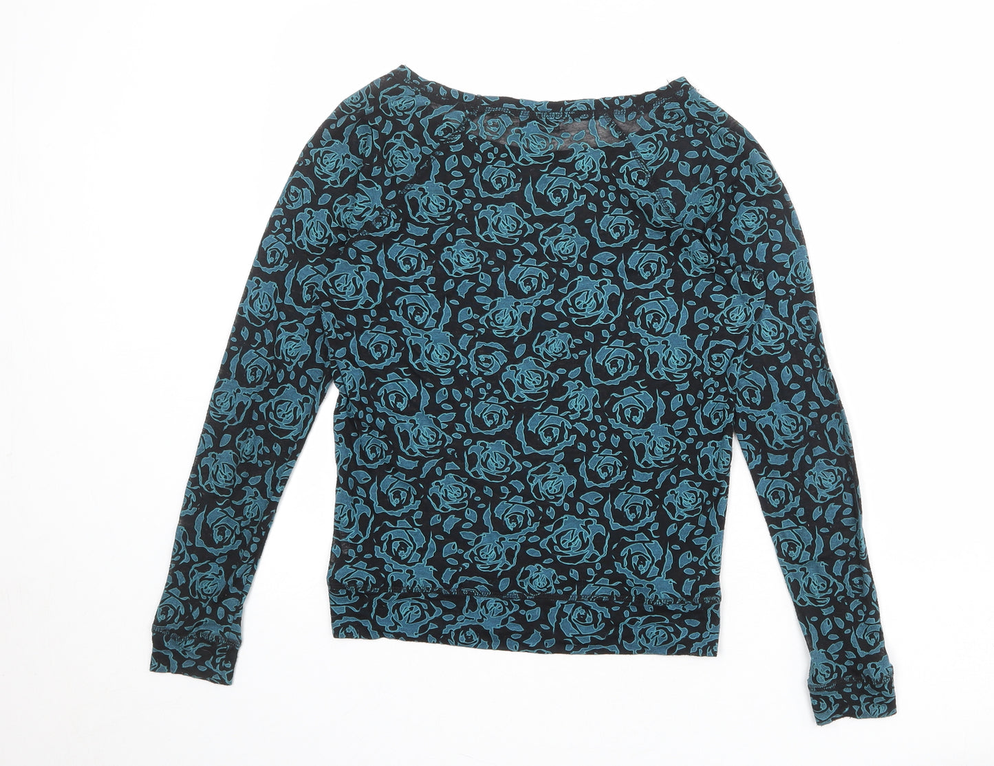New Look Womens Black Floral Polyester Basic T-Shirt Size 8 Boat Neck