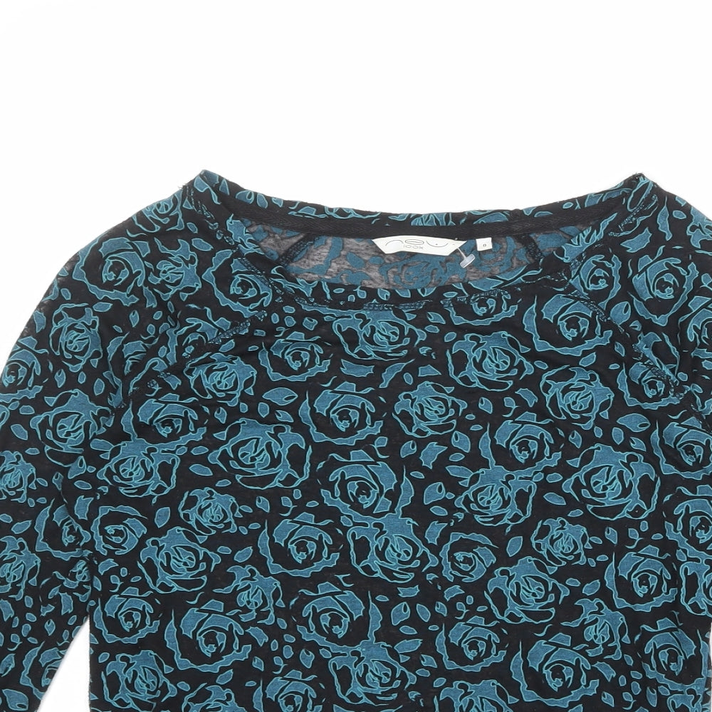 New Look Womens Black Floral Polyester Basic T-Shirt Size 8 Boat Neck