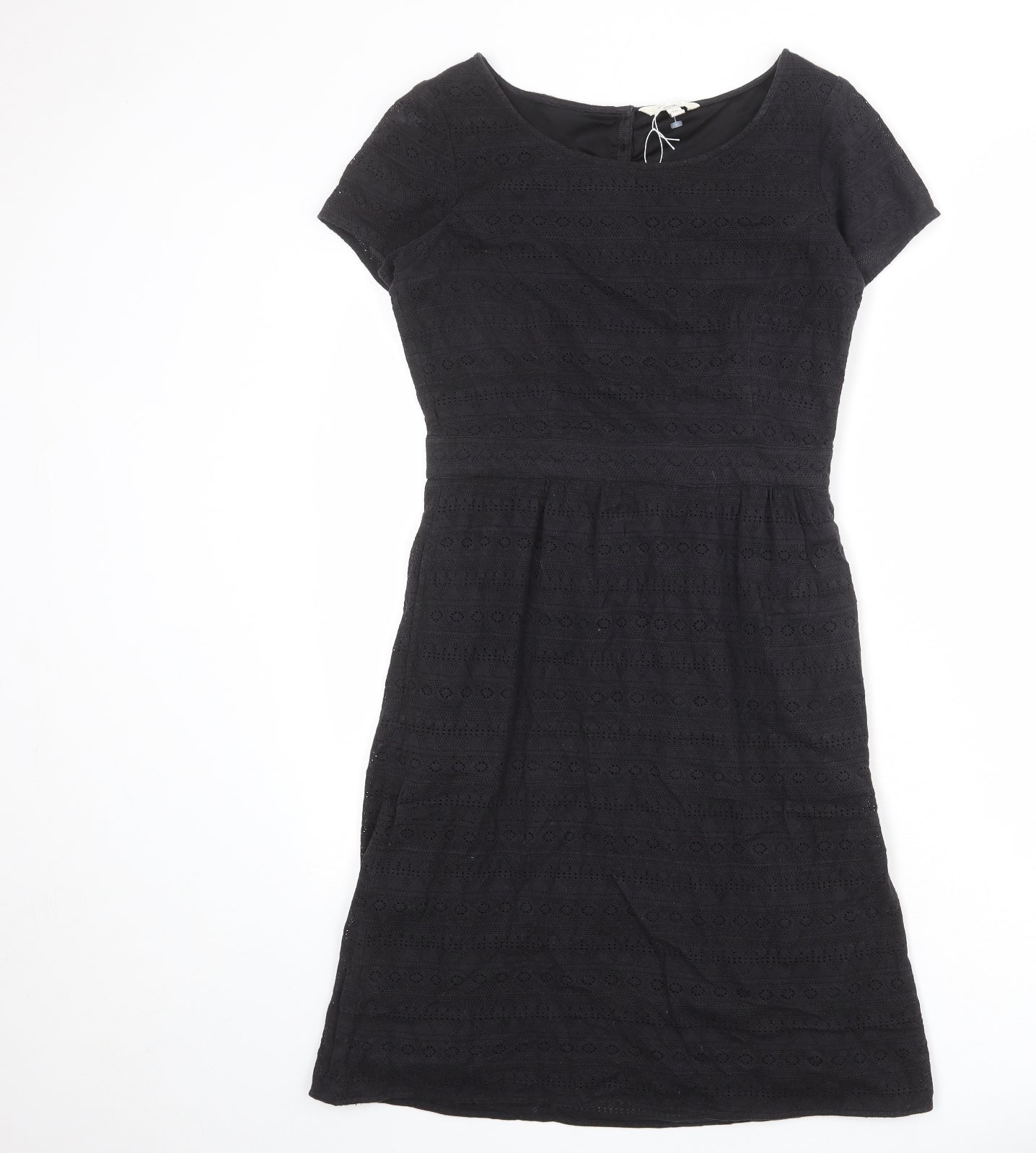 Fat Face Womens Black Cotton T-Shirt Dress Size 10 Boat Neck Zip - Lace Overlay