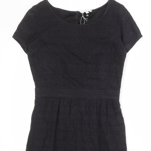 Fat Face Womens Black Cotton T-Shirt Dress Size 10 Boat Neck Zip - Lace Overlay