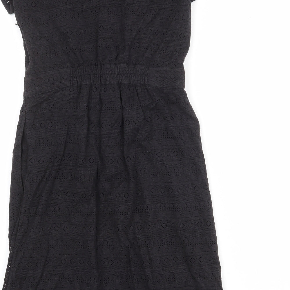 Fat Face Womens Black Cotton T-Shirt Dress Size 10 Boat Neck Zip - Lace Overlay
