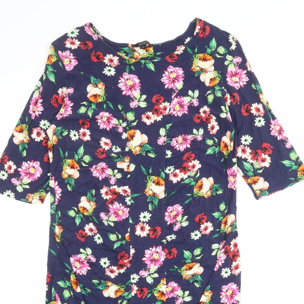 Therapy Womens Blue Floral Viscose Shift Size S Boat Neck Pullover