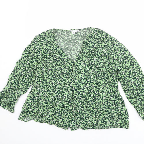 Warehouse Womens Green Floral Viscose Basic Blouse Size 6 V-Neck
