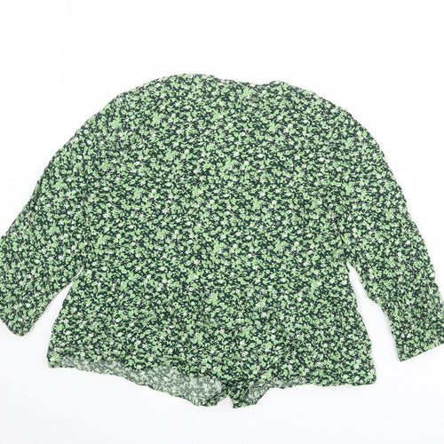 Warehouse Womens Green Floral Viscose Basic Blouse Size 6 V-Neck