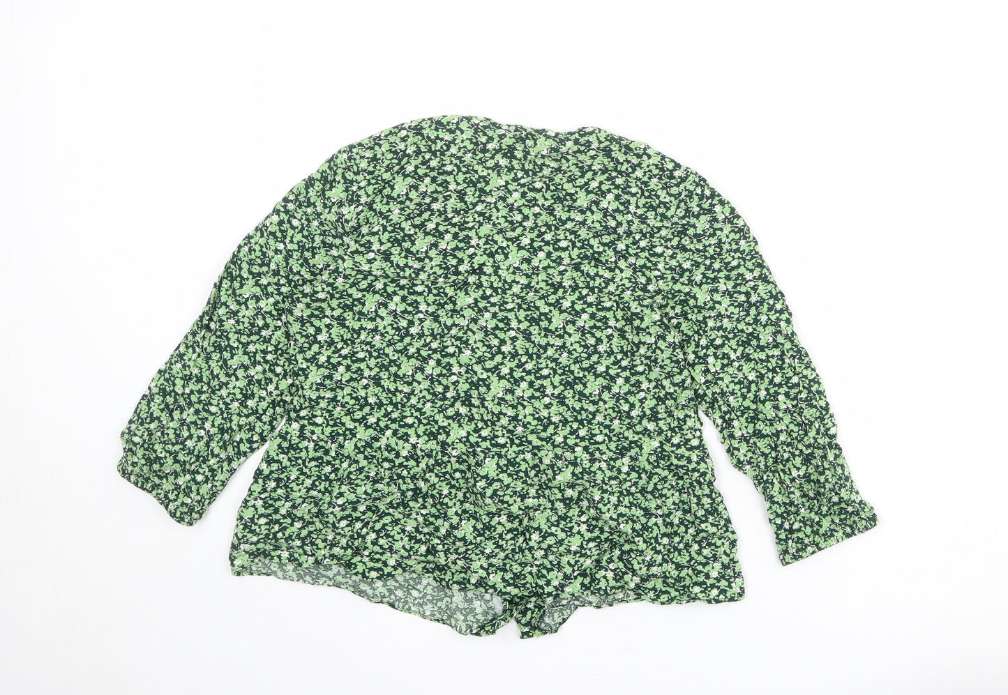 Warehouse Womens Green Floral Viscose Basic Blouse Size 6 V-Neck