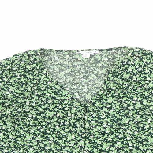 Warehouse Womens Green Floral Viscose Basic Blouse Size 6 V-Neck