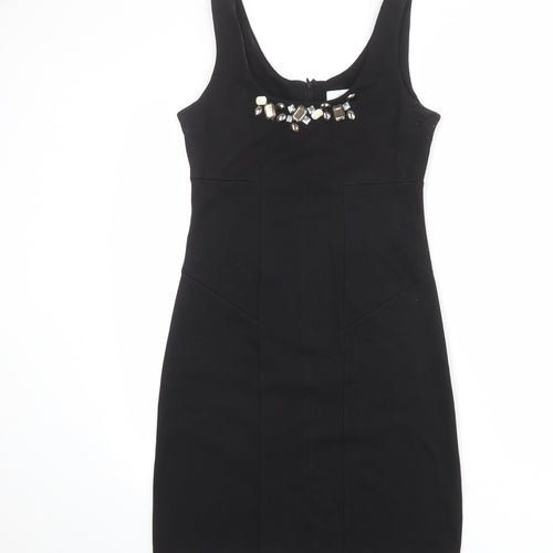 Wallis Womens Black Polyester Tank Dress Size 8 Scoop Neck Zip - Embellished Neckline
