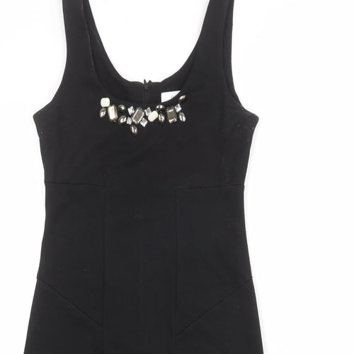 Wallis Womens Black Polyester Tank Dress Size 8 Scoop Neck Zip - Embellished Neckline