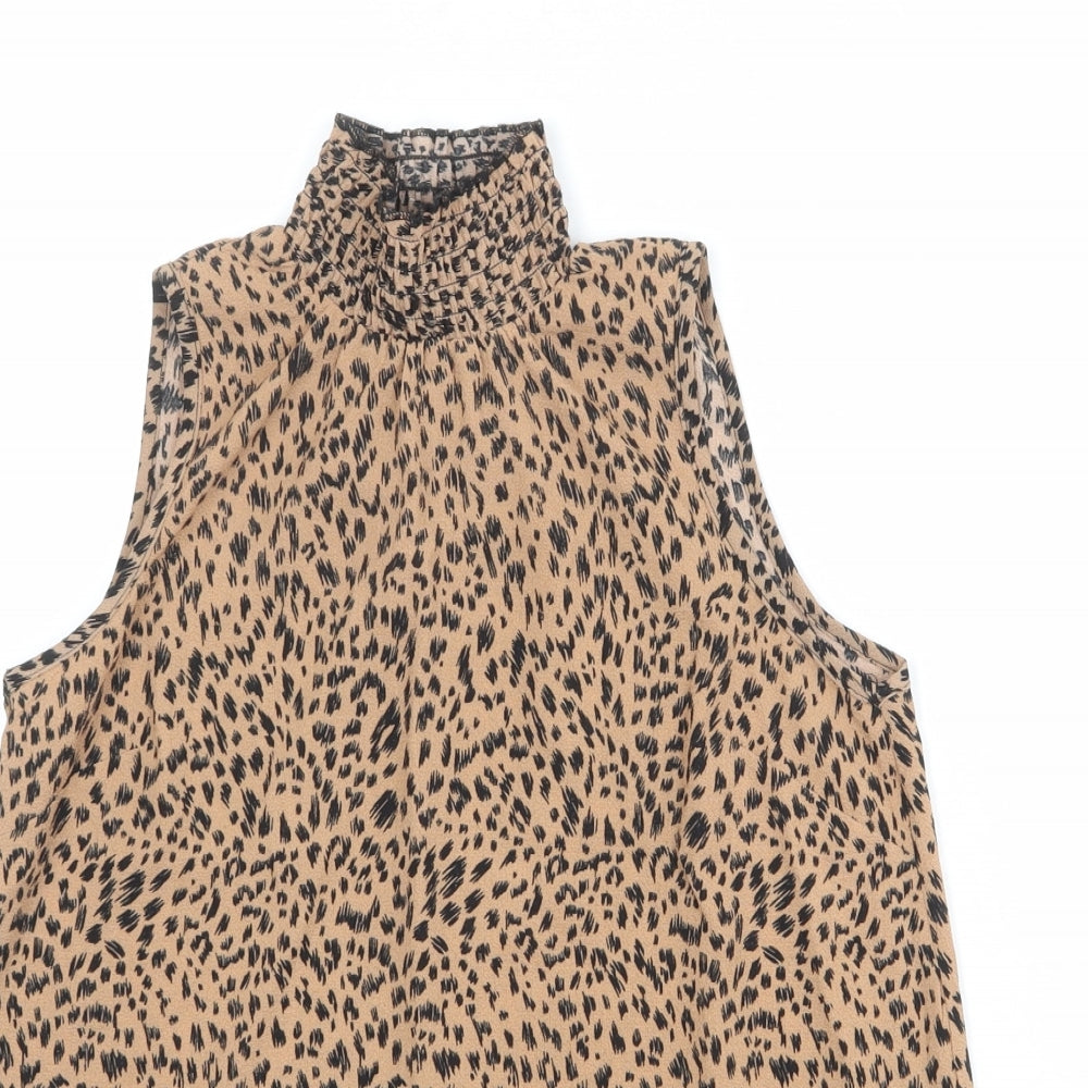 New Look Womens Brown Animal Print Polyester Basic Blouse Size 6 High Neck