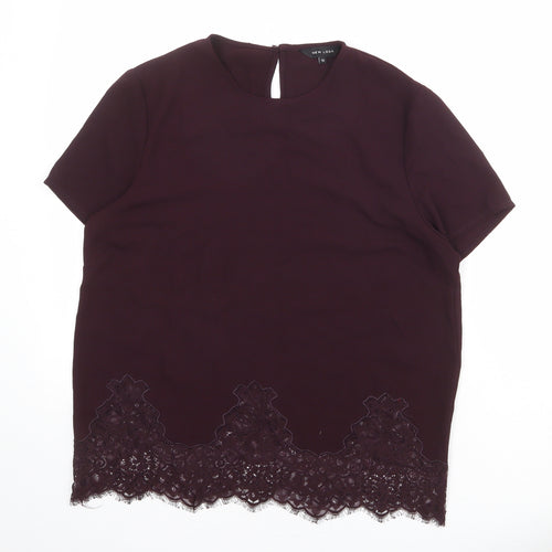 New Look Womens Red Polyester Basic Blouse Size 12 Crew Neck - Lace Trim