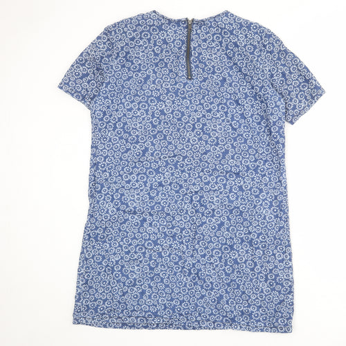 Dorothy Perkins Womens Blue Floral Cotton Shift Size 16 Round Neck Zip