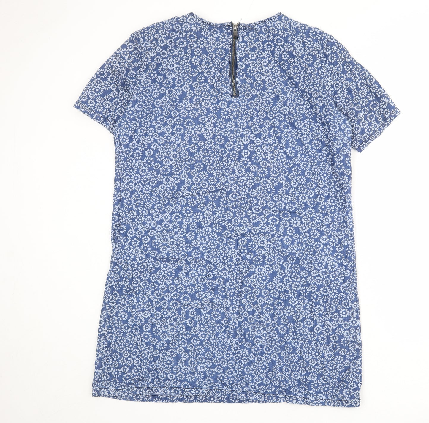Dorothy Perkins Womens Blue Floral Cotton Shift Size 16 Round Neck Zip