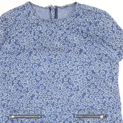 Dorothy Perkins Womens Blue Floral Cotton Shift Size 16 Round Neck Zip