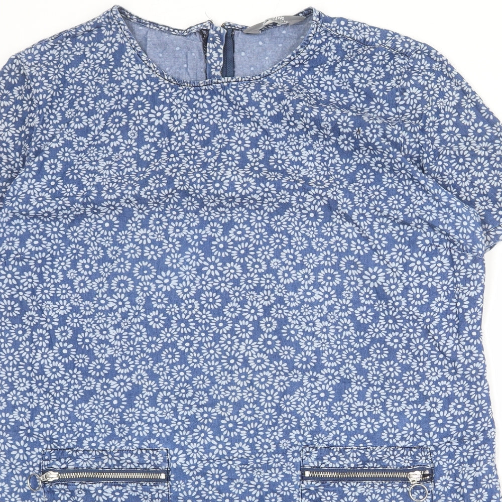 Dorothy Perkins Womens Blue Floral Cotton Shift Size 16 Round Neck Zip