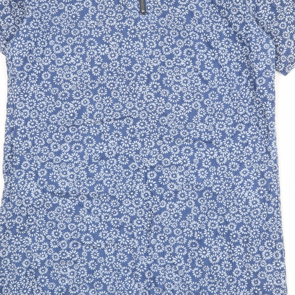 Dorothy Perkins Womens Blue Floral Cotton Shift Size 16 Round Neck Zip