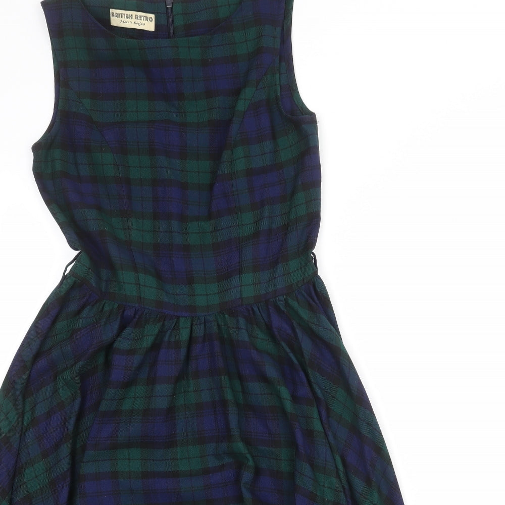 British Retro Womens Multicoloured Plaid Polyester Fit & Flare Size 10 Boat Neck Zip