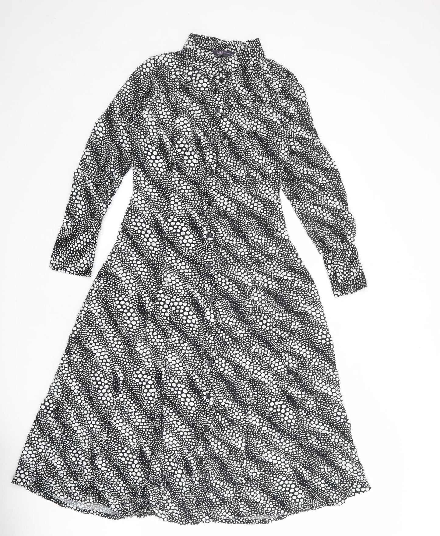 Marks and Spencer Womens Black Polka Dot Viscose Shirt Dress Size 8 Collared Button