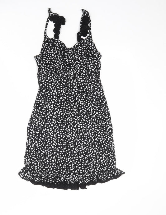 PRETTYLITTLETHING Womens Black Animal Print Polyester Tank Dress Size 10 V-Neck Tie