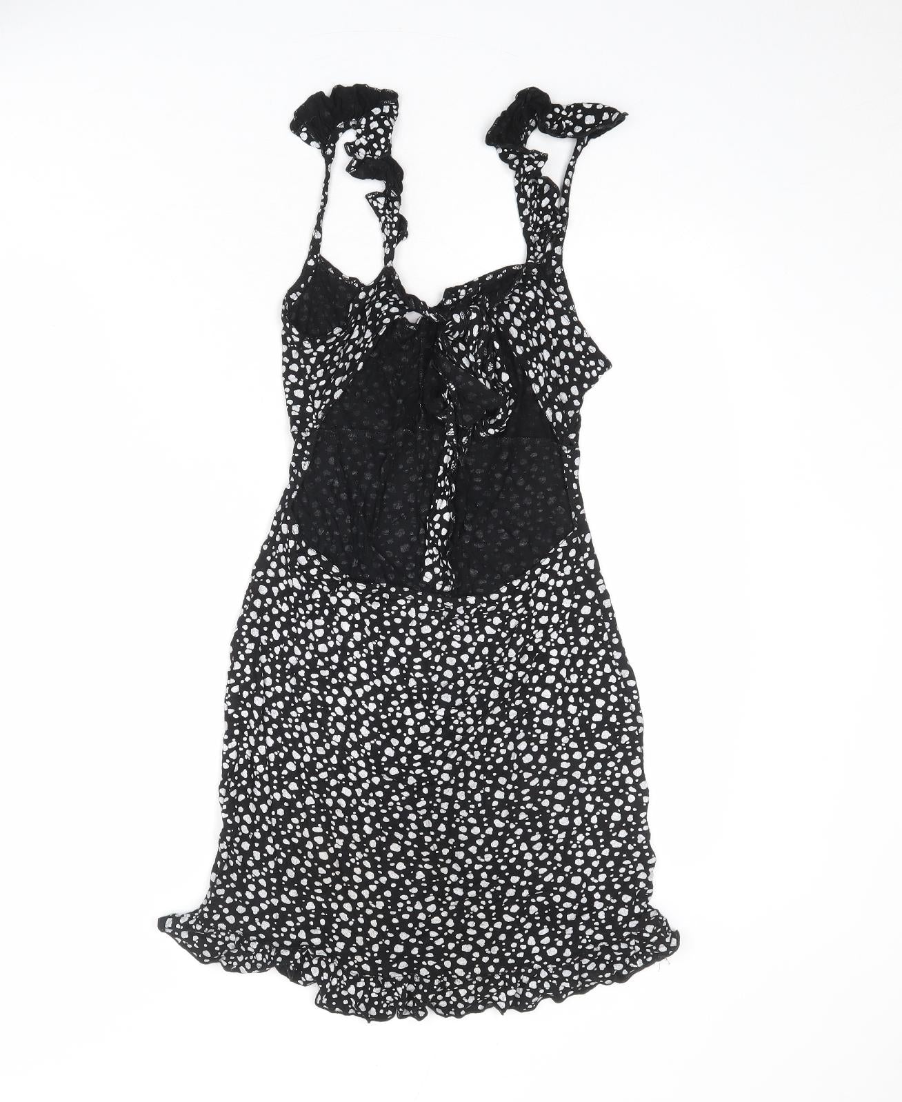 PRETTYLITTLETHING Womens Black Animal Print Polyester Tank Dress Size 10 V-Neck Tie