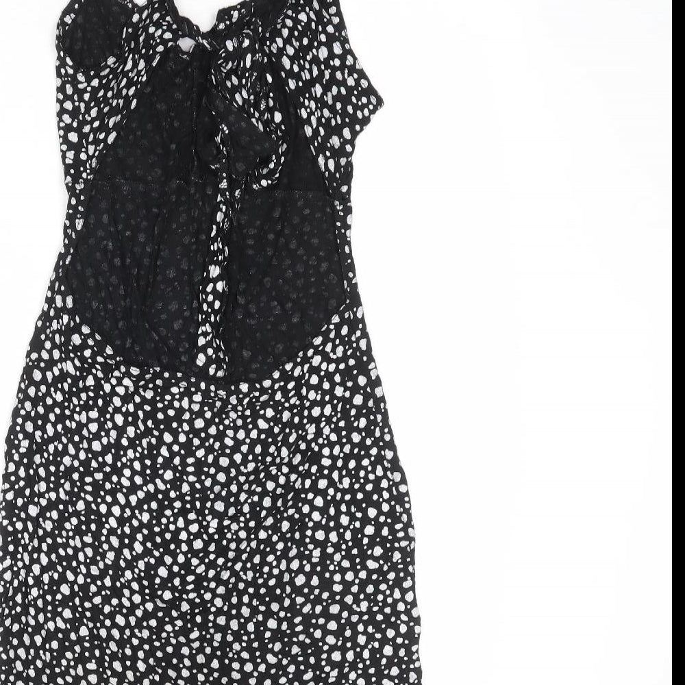 PRETTYLITTLETHING Womens Black Animal Print Polyester Tank Dress Size 10 V-Neck Tie