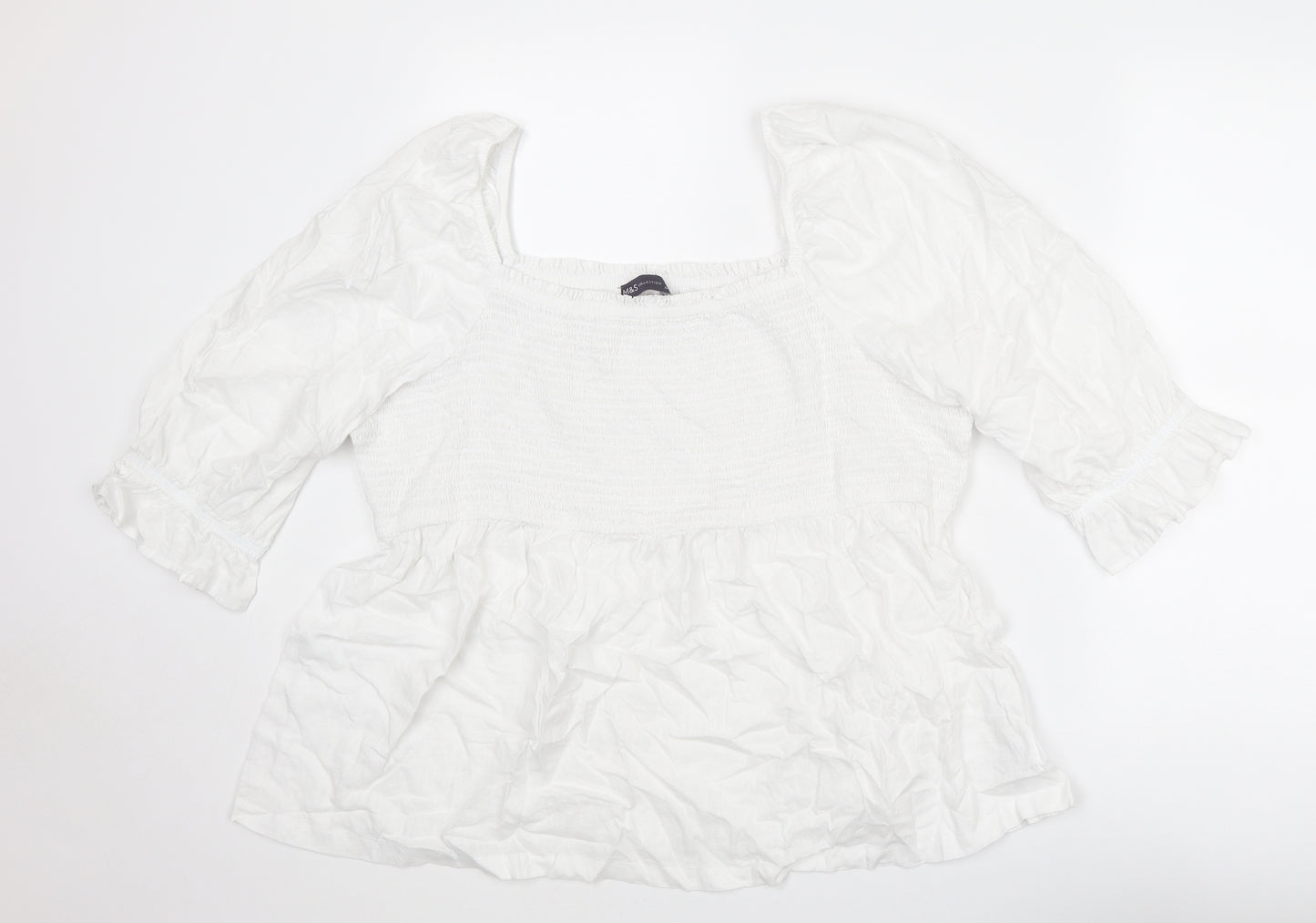 Marks and Spencer Womens White Linen Basic Blouse Size 24 Square Neck - Peplum