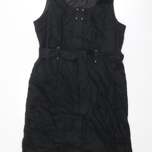 Marks and Spencer Womens Black Linen Tank Dress Size 18 Round Neck Button