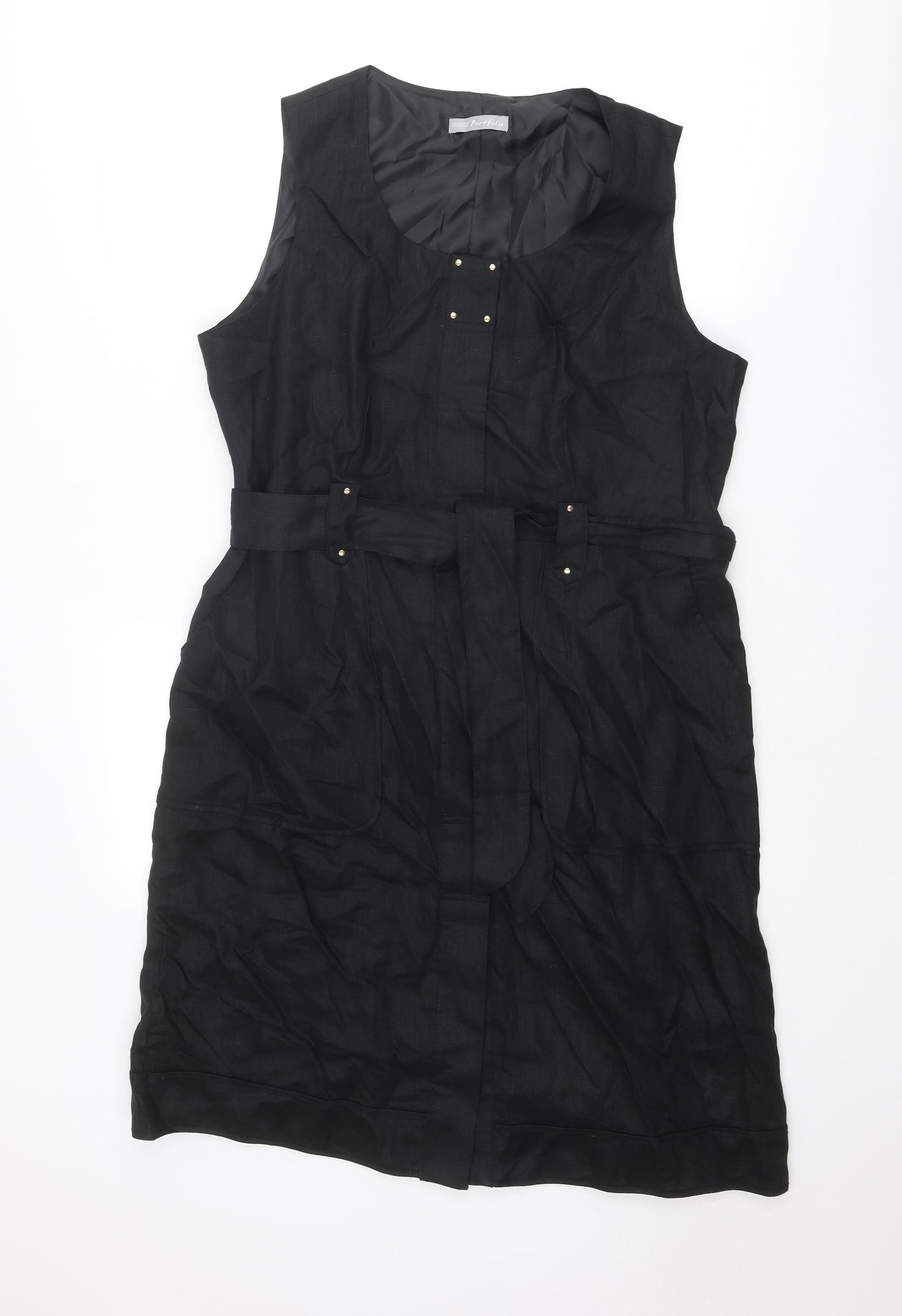 Marks and Spencer Womens Black Linen Tank Dress Size 18 Round Neck Button