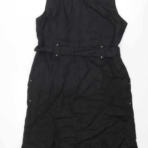 Marks and Spencer Womens Black Linen Tank Dress Size 18 Round Neck Button