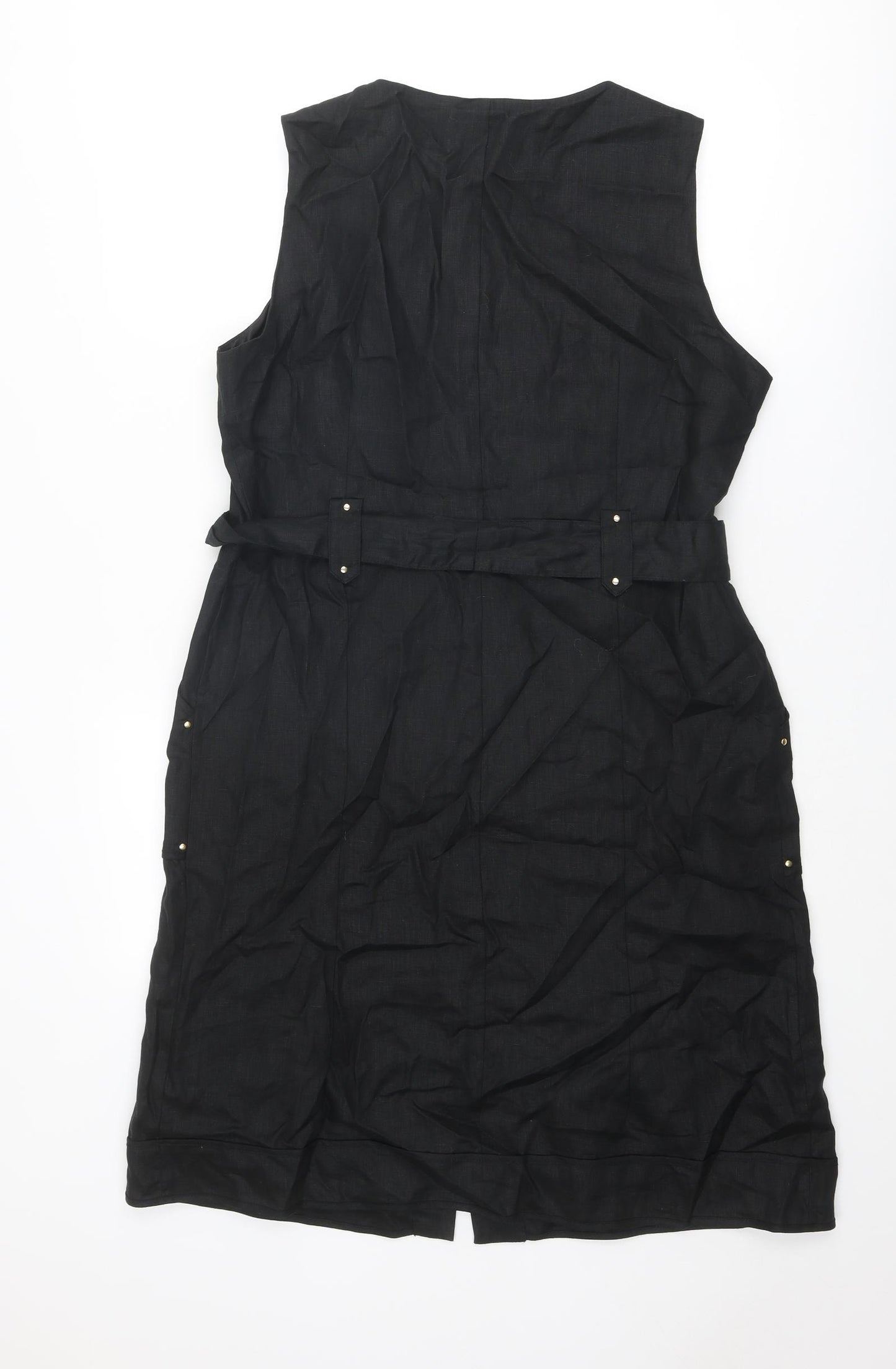 Marks and Spencer Womens Black Linen Tank Dress Size 18 Round Neck Button