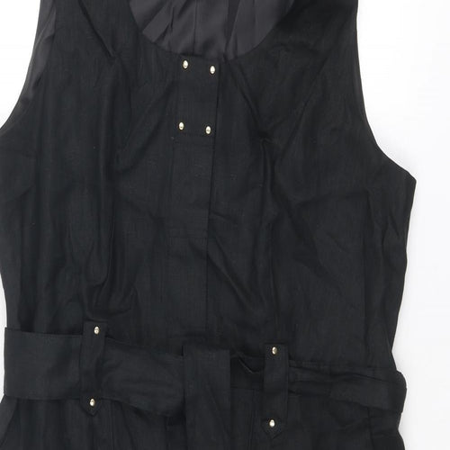Marks and Spencer Womens Black Linen Tank Dress Size 18 Round Neck Button