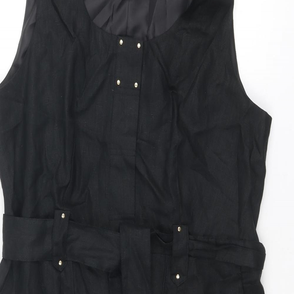Marks and Spencer Womens Black Linen Tank Dress Size 18 Round Neck Button