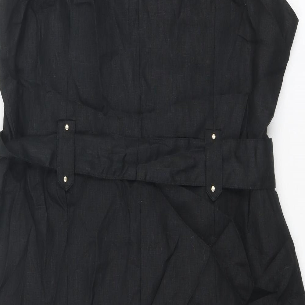 Marks and Spencer Womens Black Linen Tank Dress Size 18 Round Neck Button