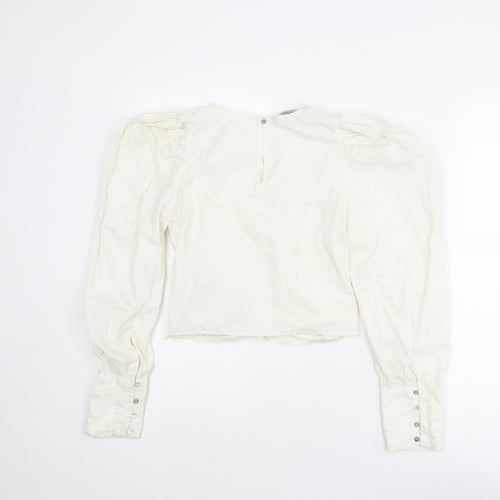 Zara Womens White Polyester Cropped Blouse Size XS Round Neck - Puff Sleeve