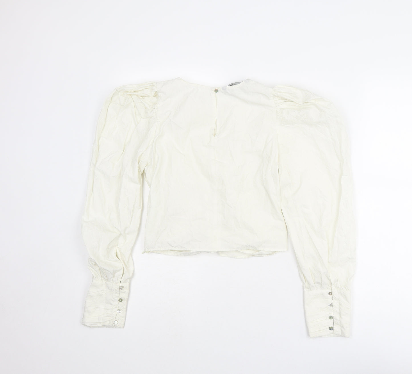 Zara Womens White Polyester Cropped Blouse Size XS Round Neck - Puff Sleeve
