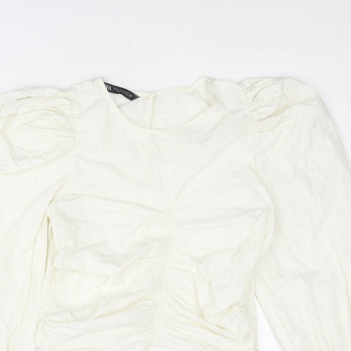 Zara Womens White Polyester Cropped Blouse Size XS Round Neck - Puff Sleeve