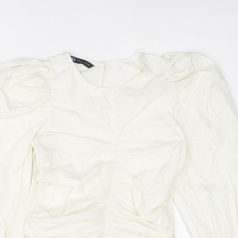Zara Womens White Polyester Cropped Blouse Size XS Round Neck - Puff Sleeve