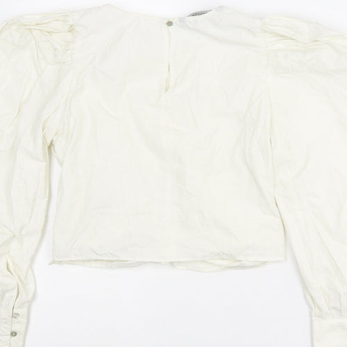 Zara Womens White Polyester Cropped Blouse Size XS Round Neck - Puff Sleeve
