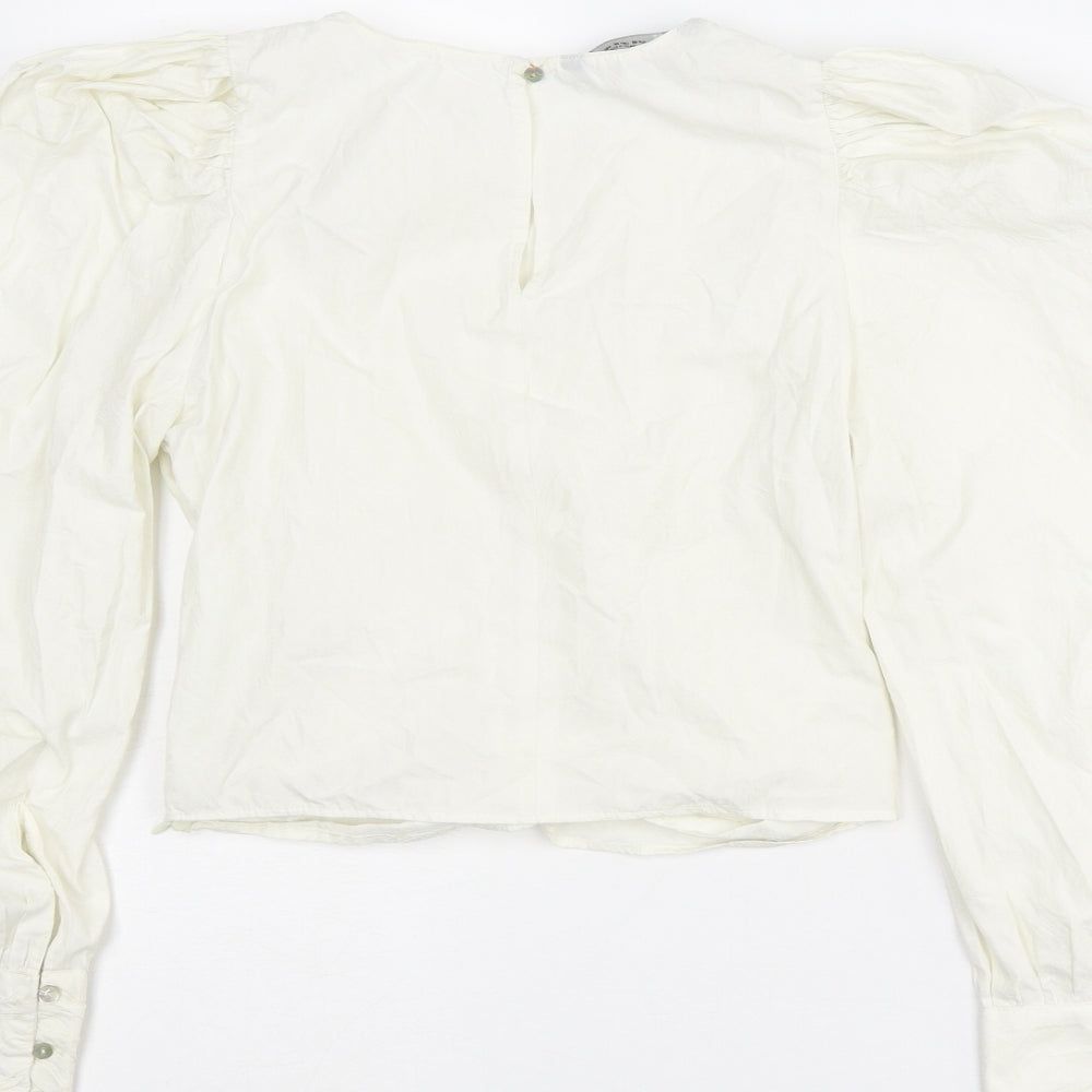 Zara Womens White Polyester Cropped Blouse Size XS Round Neck - Puff Sleeve