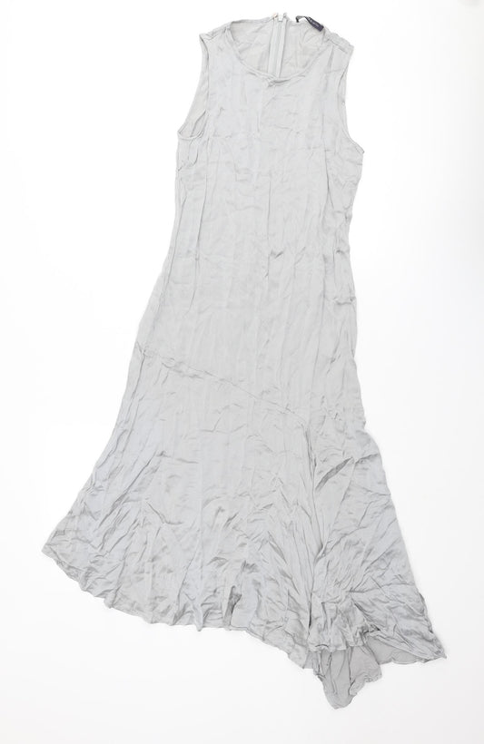 Front view of Limited Edition women’s silver viscose a-line, size UK 6, round neck zip