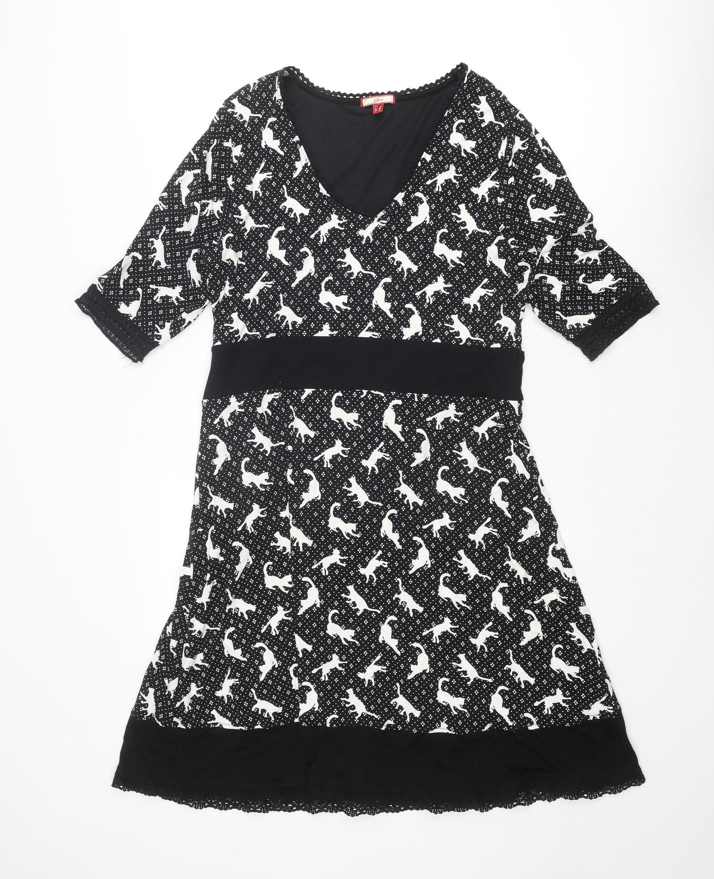 Joe Browns Womens Black Geometric Viscose A-Line Size 16 V-Neck Pullover - Cat Print