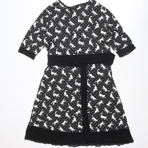 Joe Browns Womens Black Geometric Viscose A-Line Size 16 V-Neck Pullover - Cat Print