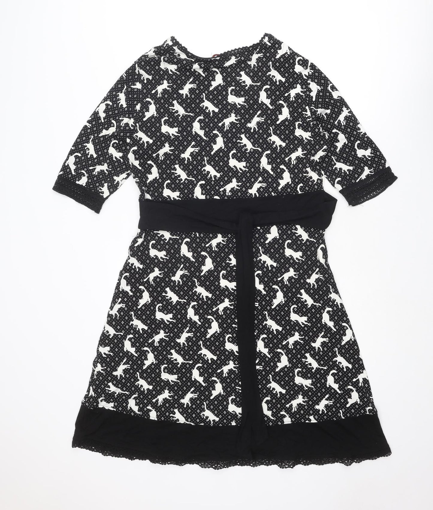 Joe Browns Womens Black Geometric Viscose A-Line Size 16 V-Neck Pullover - Cat Print
