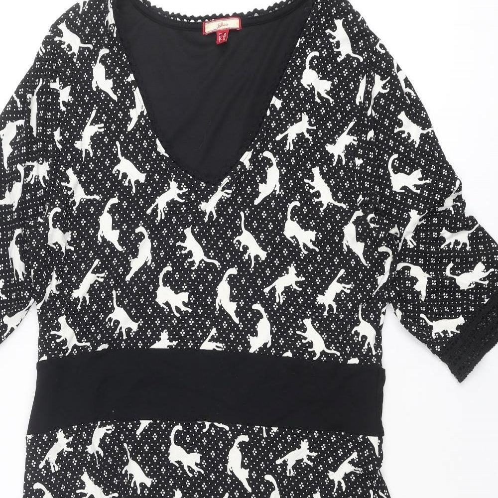 Joe Browns Womens Black Geometric Viscose A-Line Size 16 V-Neck Pullover - Cat Print