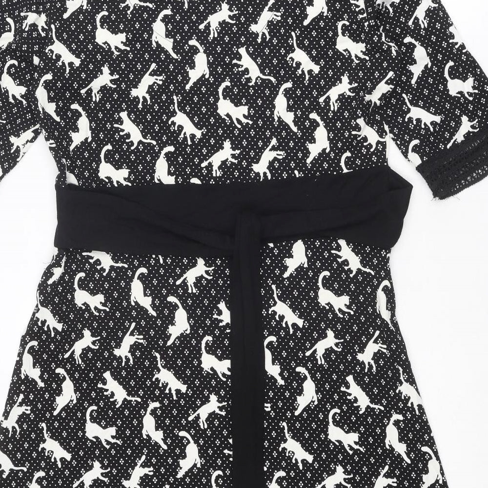 Joe Browns Womens Black Geometric Viscose A-Line Size 16 V-Neck Pullover - Cat Print