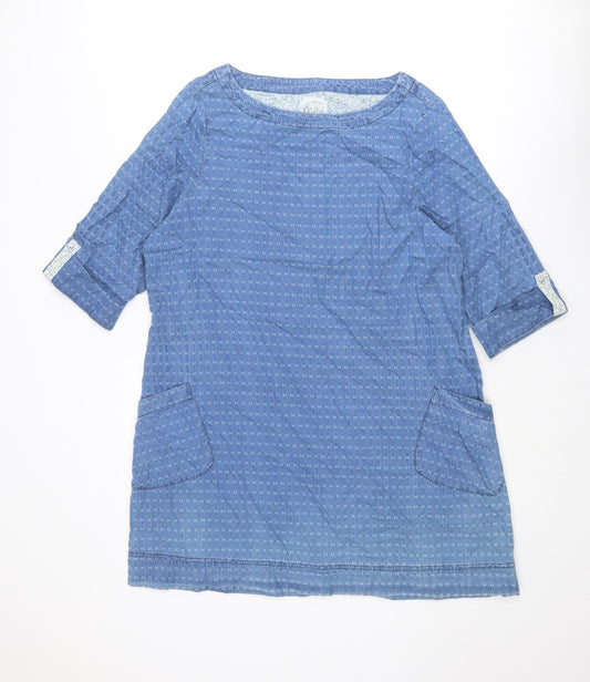 Front view of Mistral women’s blue geometric cotton shift, size UK 16, boat neck pullover